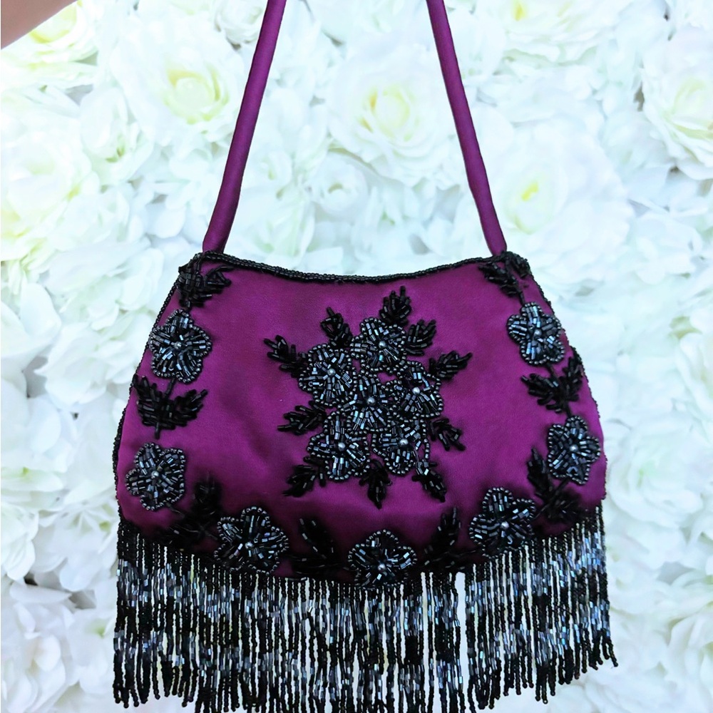 ✨ VINTAGE RARE 50s SMALL BEADED SATIN MINI PURSE PLUM DANGLY BEADED FRINGE ✨ - Picture 10 of 12